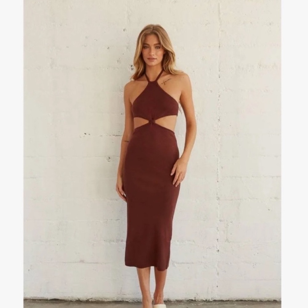 Peppermayo Margaux Knit Midi Dress Brown Size 8 - Picture 4 of 4